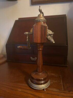 REUGE Swiss Musical Pepper Mill Music Box Antique Wooden Brass Bird Boar